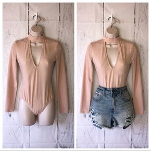 Peach Ribbed choker neck Bodysuit